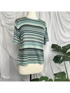 Vintage Kasper casual indie blue and green striped short sleeve top